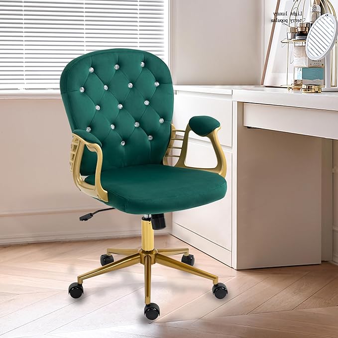 Velvet Office Chair Desk Chair with Gold Base, Comfortable Makeup Vanity Chair with Back and Wheels, Swivel Rolling Chair for Girls Women Study Bedroom, Green