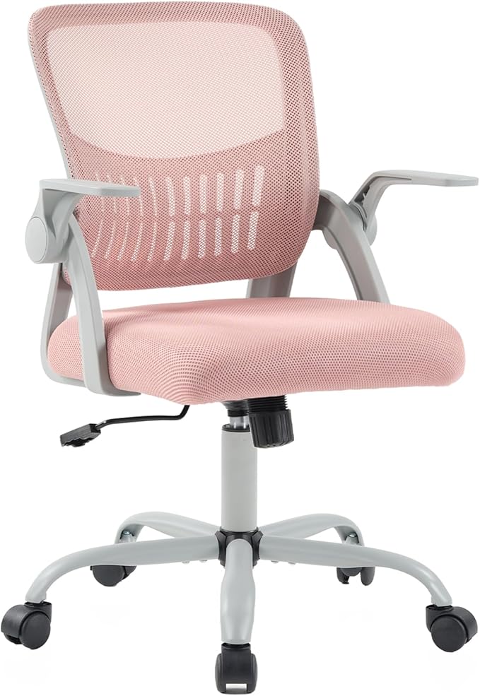 DUMOS Home Office Computer Chair - Ergonomic Mid Back Desk with Lumbar Support and Rocking Mode, Height Adjustable with Flip-up Armrest, for Conference Meeting Room, 360° Swivel, Adults, Pink