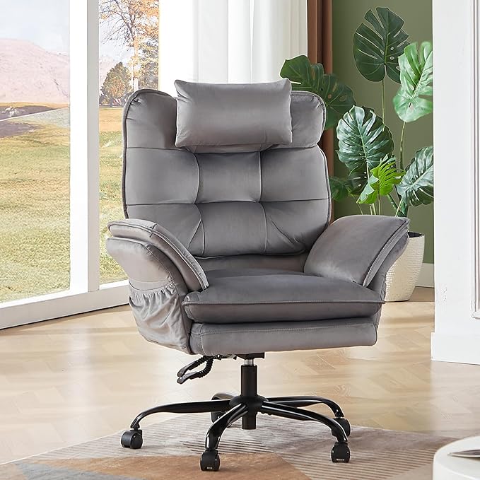 Bestier Criss Cross Chair with Flip-Up Armrests and Headrest, 135° Reclining Swivel Executive Chair with Side Pockets, Big and Tall Computer Desk Chair for Home Office Bedroom, Grey Velvet