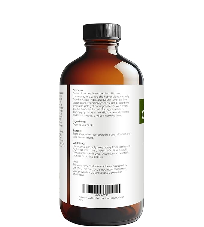 velona USDA Certified Organic Castor Oil – 16 fl oz in Glass Bottle | Cold-Pressed, Hexane-Free, USP Grade | Promotes Hair Growth, Eyelash & Eyebrow Enhancement | Bottled in USA