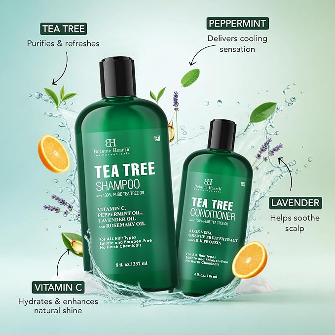 Botanic Hearth Tea Tree Shampoo 8Fl Oz And Conditioner 4 Fl Oz | With 100% Pure Tea Tree Oil, For Itchy And Dry Scalp, Sulfate/Paraben Free | For Men And Women