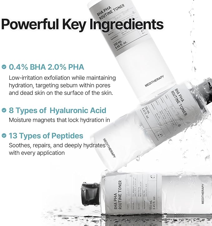 MEDITHERAPY BHA PHA Routine Toner – Gentle Daily Exfoliating with 2% PHA & 0.49% BHA, Hydrating Water Toner for Smooth Texture, Clear Pores & Better Absorption, Fragrance-Free