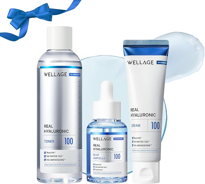WELLAGE Real Hyaluronic Blue Toner 100, 6.76 fl.oz + Real Hyaluronic Blue Ampoule 100, 1.01 fl.oz + Real Hyaluronic Cream 100, 1.69oz. Bundle