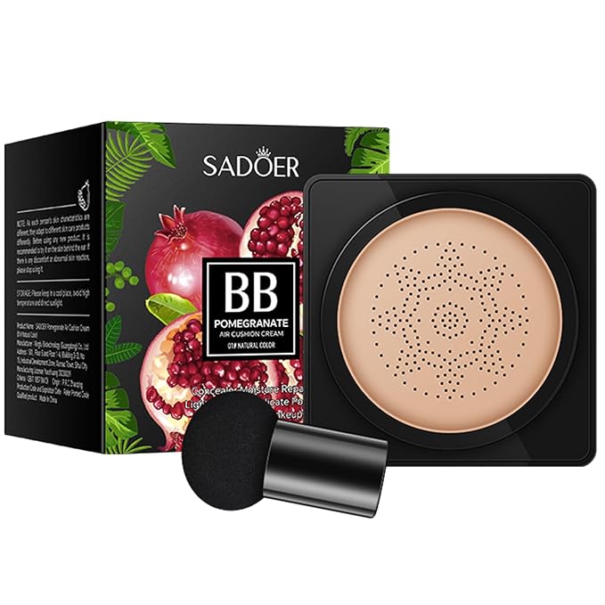 SADOER, Pomegranate Hydrating Mushroom Head CC Cushion BB Cream, Brightening Even Tone Natural Finish, Natural/Ivory, 20g ((01# Natural Color) 20g)