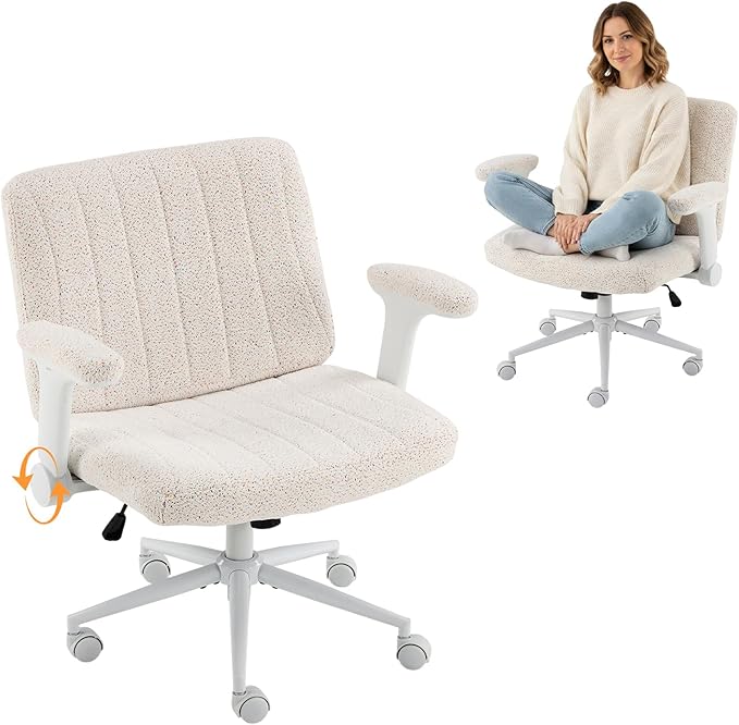 VINGLI Criss Cross Chair with Adjustable Flip-Up Arms,Cross Legged Chair with Wheels,Extra Wide Office Chair,Desk Chair for Home Office,Vanity,Bedroom, Apartment,Starry Chenille,White