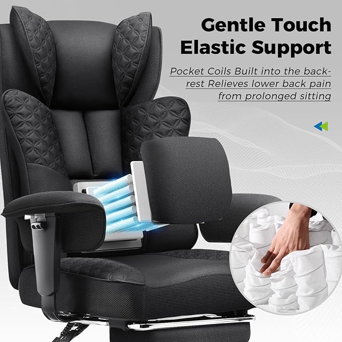 GTPLAYER Big and Tall Office Chair 400LBS Wide Ergonomic Fabric Deluxe Embossing Designed Gaming Chair with Foot Rest,150°Reclining Adjustable Armrests Pocket Spring Back Support and Pillow