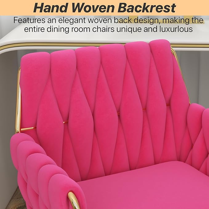 Velvet Home Office Chair, Modern Height-Adjustable Vanity Chair with Golden Base and Hand-Woven Backrest for Bedroom/Study/Vanity (Hot Pink)