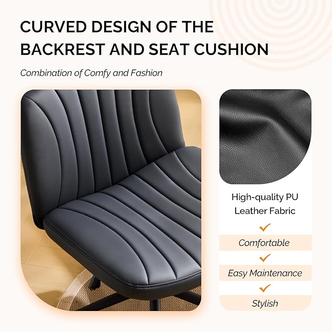 VINGLI Criss Cross Legged Chair,Wide Comfy Office Desk Chair,Dual-Use with/no Wheels Computer Task Chair,Swivel Armless Vanity Rolling Chair for Study,Make Up,Home Office,Cat Scratch PU Leather,Black
