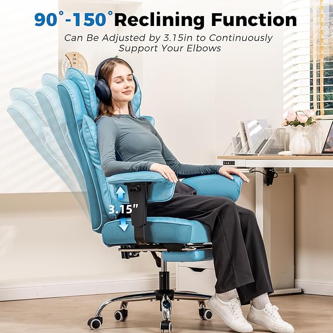 GTPLAYER Big and Tall Office Chair 400LBS Wide Ergonomic Gaming Chair with Deluxe Embossing Designed Leather with Foot Rest,150°Reclining Adjustable Soft Armrests Pocket Spring Back Support and Pillow