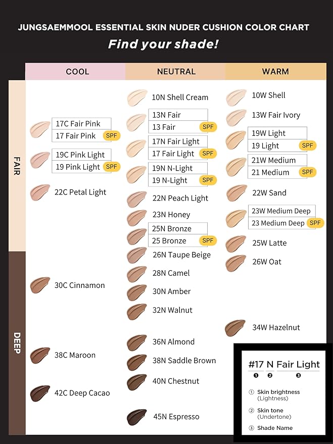 JUNG SAEM MOOL Essential Skin Nuder Cushion Refill | Natural Finish, Buildable Coverage Cushion Foundation by Korean Makeup Artist (Refill Only, 0.49 Fl Oz, SPF 50), 17 Fair Light
