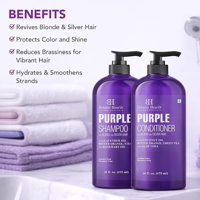 Botanic Hearth Purple Shampoo And Conditioner Set | For All Shades Of Blonde, Silver And Gray Hair | Enhances Highlights | Sulfate Free, Paraben Free, 16 Fl Oz Each