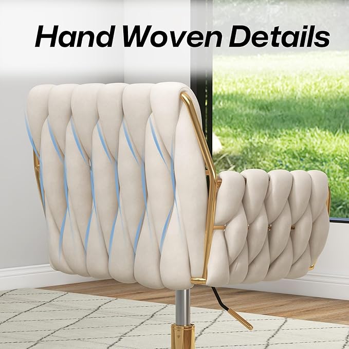 Woven 360°Swivel Desk Chair, Velvet Height Adjustable Home Office Armchair with Golden Base for Teens Women Girls, Upholstery Computer Chair for Home Studios and Office, Woven & Beige
