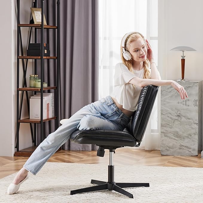 OLIXIS Criss Cross Chair Without Wheels, Cross Legged Office Chair, Armless Wide Vanity Desk Chair with Comfy PU Leather& Back - Swivel for Home Office Bedroom, Black