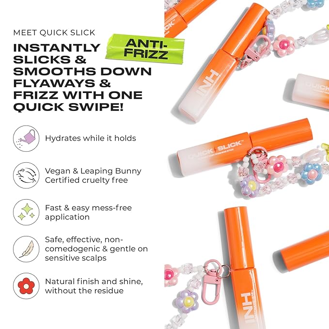 INH Hair Mascara for Flyaways | Mini Quick Slick Hair Finishing Stick for Flyaways with Charm Keychain, Frizz Control, & Slick Back Look | Smoothing Travel Size Serum & Frizz Tamer Wand | Peach, 8ml
