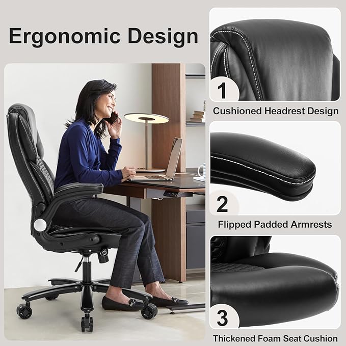 Big and Tall Office Chair, Executive Comeputer Desk Chair Ergonomic Home Office Chair with Adjustable Lumbar Support, Tilt Lock, PU Leather, Swivel Rolling Chair (PU-Black)