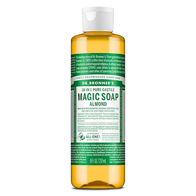 Dr. Bronner's Pure-Castile Magic Soap Liquid (Almond, 8 Ounce) - Made with Regenerative Organic Certified Oils, 18-in-1 Uses: Face, Body, Hair, Laundry, Pets and Dishes, Concentrated, Vegan, Non-GMO