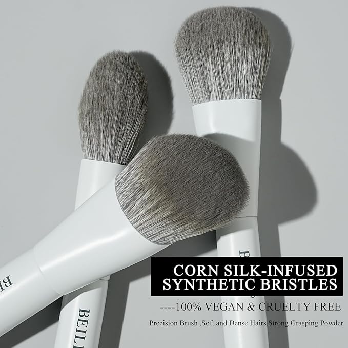 BEILI Mini 6Pcs Makeup Brush Set – Classic White, Professional Makeup Brushes for Foundation, Contour, Highlighter & Blending, Travel-Ready with Sponge