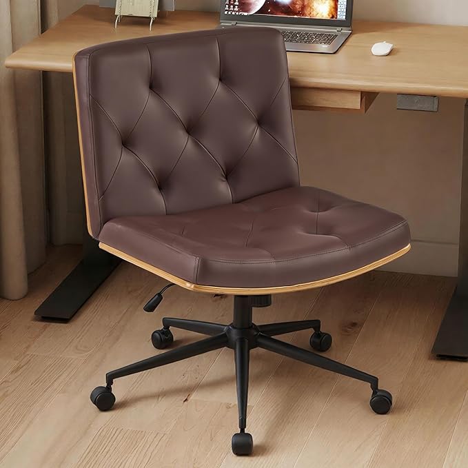 Furnimart Heavy-Duty Curved FSC Wood Desk Chair 360° Swivel, Faux Leather Criss Cross Chair with Wheels Wide Seat, Comfy Armless Cross Legged Sitting for Bedroom, Office, Vanity (PU Brown)