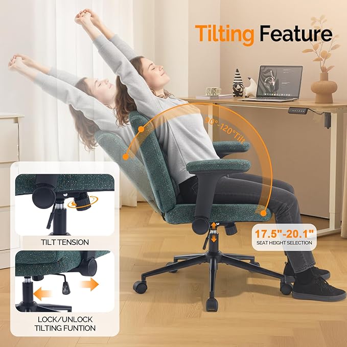VINGLI Criss Cross Chair with Adjustable Flip-Up Arms,Cross Legged Chair with Wheels,Extra Wide Office Chair,Desk Chair for Home,Office,Vanity,Bedroom,Apartment,Starry Chenille,Dark Green