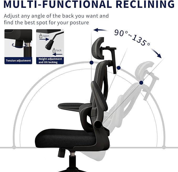 Ergonomic Office Chair - Desk Chair with Adjustable Headrest Lumbar Support Computer Chair - Mesh Comfy Chair with Flip-up Armrests - Gaming Chairs for Adults Home Office (Black+Black)