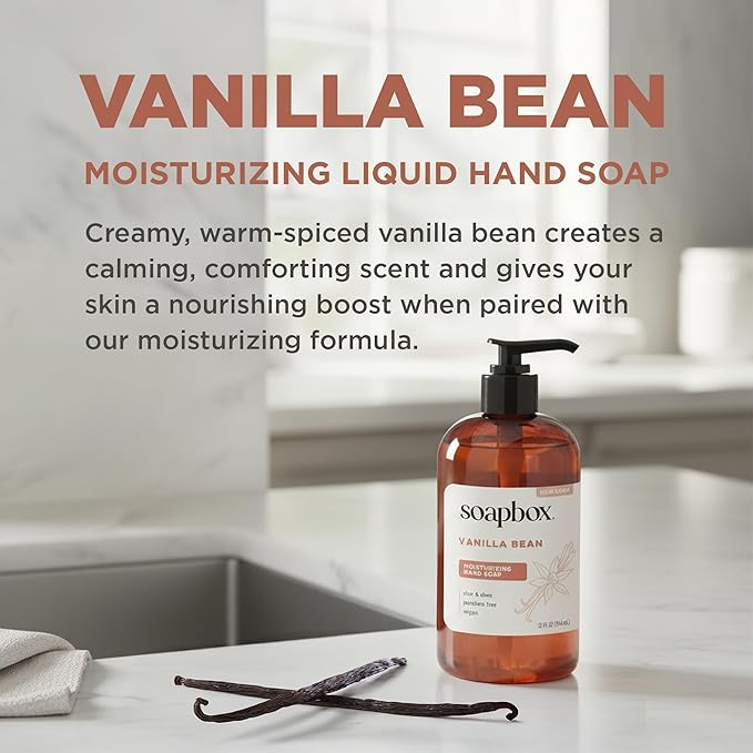 Soapbox Liquid Hand Soap, Vanilla Bean - Gentle, Moisturizing Hand Cleanser, Vegan, Cruelty Free Hand Soap for Bathroom and Kitchen, 12oz Pump Bottles (Pack of 3)