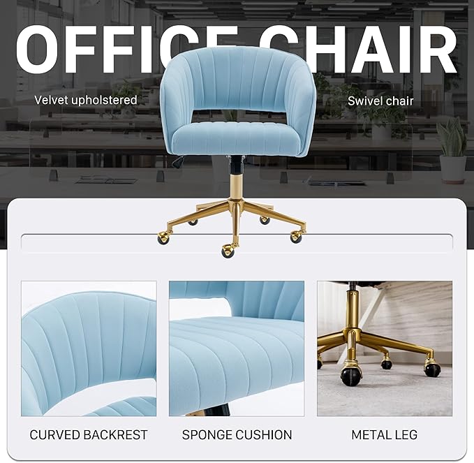 Home Office Chair Swivel Velvet Desk Chair Accent Armchair Upholstered Modern Tufted Chairs with Gold Base for Girls Women Ergonomic Study Seat Computer Task Stools for Living Room(Blue)