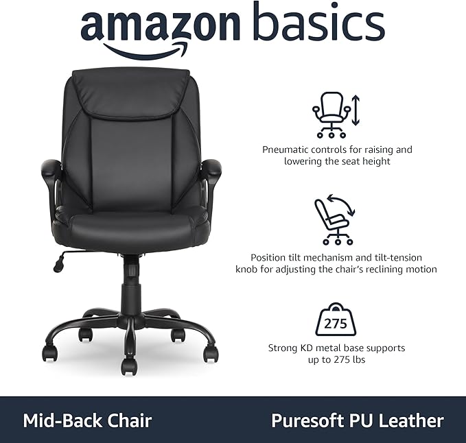Amazon Basics Classic Puresoft PU Padded Mid-Back Office Desk Chair with Armrest, Easy Assembly, Sturdy Metal Base, Wheels, 275lb Support, 26"D x 23.75"W x 42"H, Black