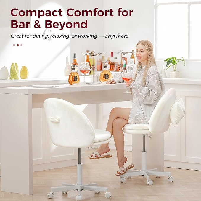 GTPLAYER Velvet Tall Office Chair with Wheels Vanity Chairs with Back, Versatile Height Use: Office to Bar Stools Small Ergonomic Comfy Armlees Computer Desk Chair with Bow Lumbar Pillow for Gift