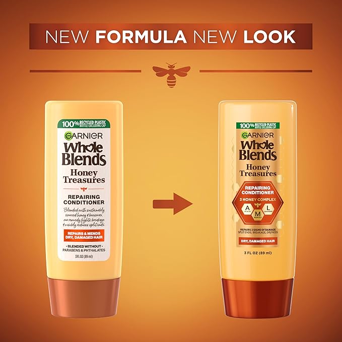 Garnier Whole Blends Honey Treasures Repairing Conditioner, for Dry, Damaged Hair, 3 Fl Oz (Travel Size), 1 Count (Packaging May Vary)