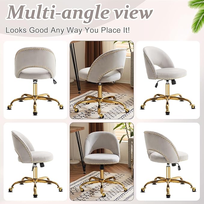 VINGLI Stylish Vanity Chair with Back, Girl Desk Chair with Silent Wheels and Velvet, Grey