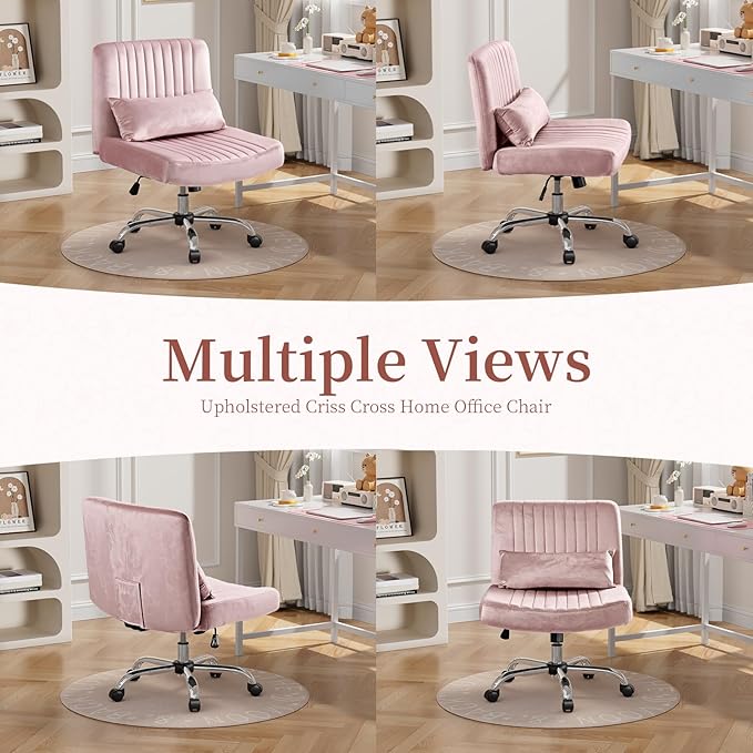 Velvet Criss Cross Chair with Wheels, Luxury Cross Legged Office Chair, Comfy Desk Chair for Home Office, Wide Seat Computer Chair, Armless Vanity Chair, Birthday Gift for Girls & Women, Pink