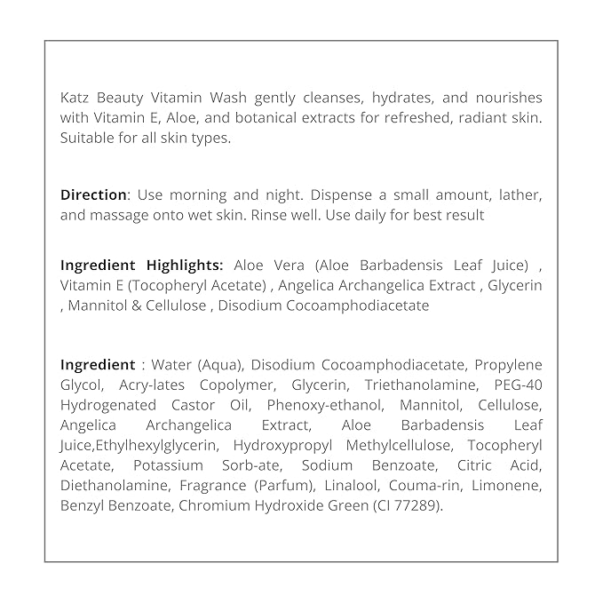 Katz Beauty Vitamin Wash, 5 fl oz - Gentle Face Cleanser with Aloe, Angelica Root & Vitamin E for Sensitive, Oily & Dry Skin, Travel-Size Hydrating Wash
