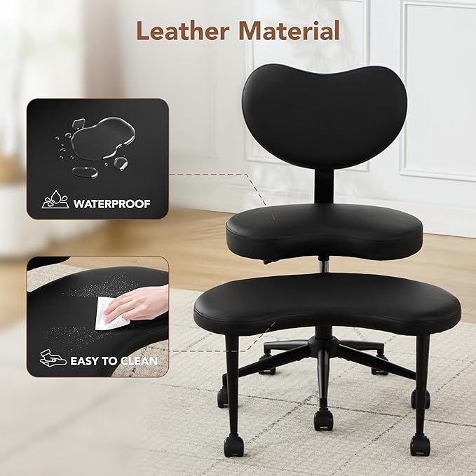 Ergonomic Cross Legged Chair with Wheels,360° Swivel Meditation Chair,ADHD Chair, Criss Cross Desk Chair with Lumbar Support and Adjustable Stool, Flexible Design for Fidgety Sitters, Black PU