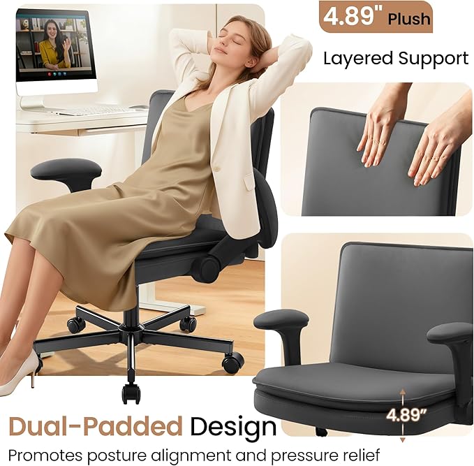 Criss Cross Office Chair with Wheels - PU Leather Wide Criss Cross Desk Chair with Flip-up Arms and Thick Cushion - Comfy Tilting Swivel Rolling Vanity Chair for Home Office Bedroom Apartment