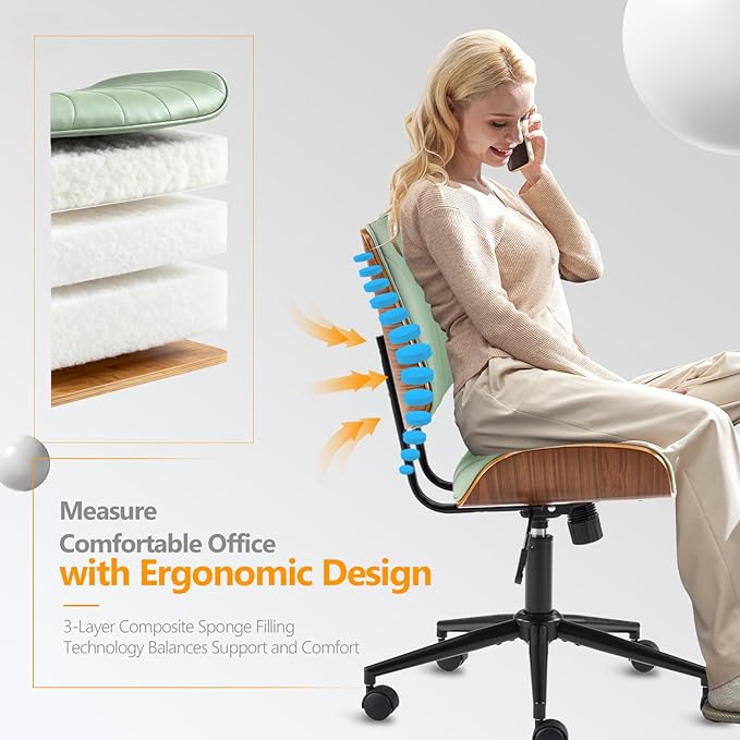 VINGLI Wide Curved Seat&Back Armless Home Office Chair,Ergoromic Adjustable-Height Desk Chair,Swivel&Tilting Function,Stylish Walnut Task Chair for Meeing Room,Dining Room,PU,Olive Green