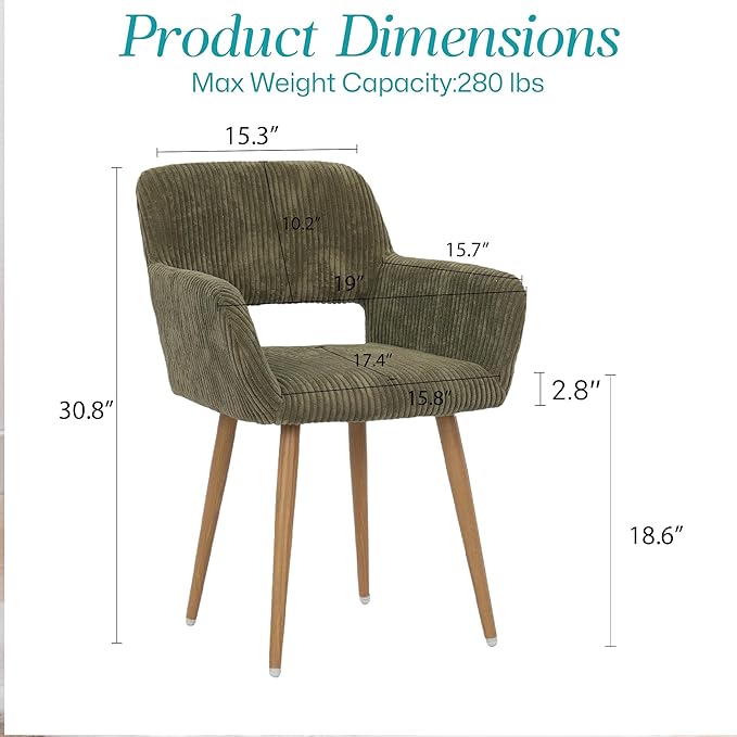 HENJIANYI Home Office Corduroy Desk Chair, Makeup Vanity Chair, Comfy Accent Armchair with Wood Grain Metal Legs, Cute Dining Chair with Hollowed Back, Green