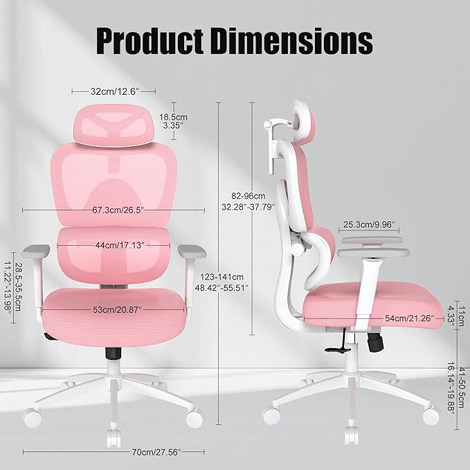 Ergonomic Office Chair with Adjustable Lumbar Support, 3D Arms and Headrest, High Back Wide Desk Computer Chair with Wheels, for Home & Office, Pink