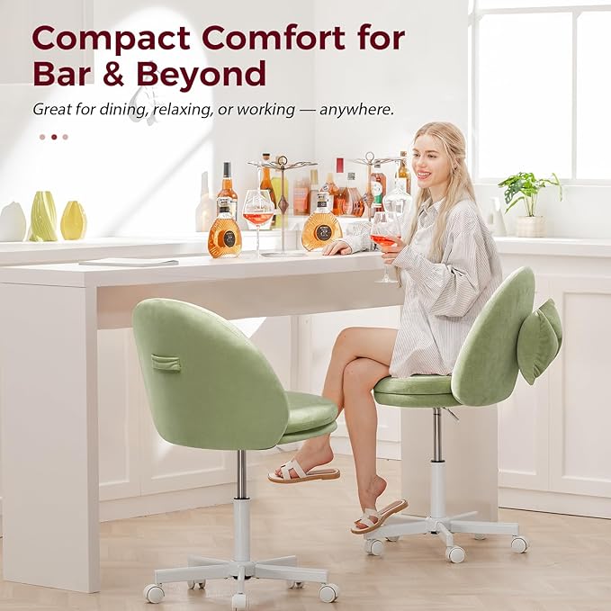 GTPLAYER Velvet Tall Office Chair with Wheels Vanity Chairs with Back, Versatile Height Use: Office to Bar Stools Small Ergonomic Comfy Armlees Computer Desk Chair with Bow Lumbar Pillow for Gift