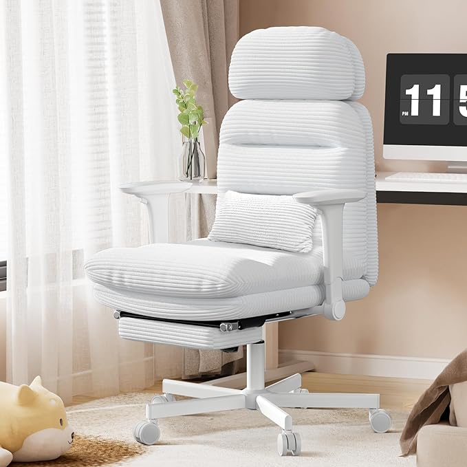 Criss Cross Chair with Wheels & Flip-up Arms, Executive Office Chair with Foot Rest, Swivel Cross Legged Office Chair with Lumbar Pillow, Corduroy Comfy Computer Desk Chair for Home, White