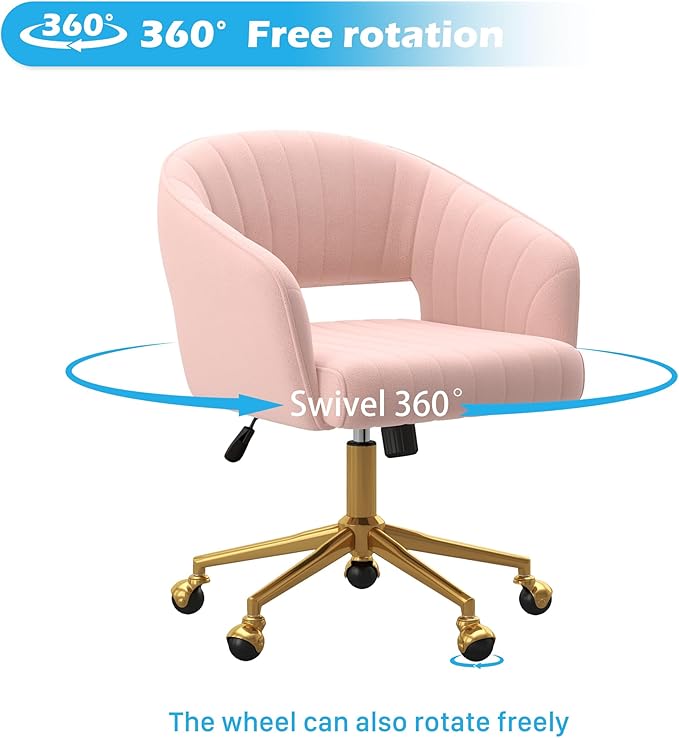 Home Office Chair Swivel Velvet Desk Chair Accent Armchair Upholstered Modern Tufted Chairs with Gold Base for Girls Women Ergonomic Study Seat Computer Task Stools for Living Room(Pink)