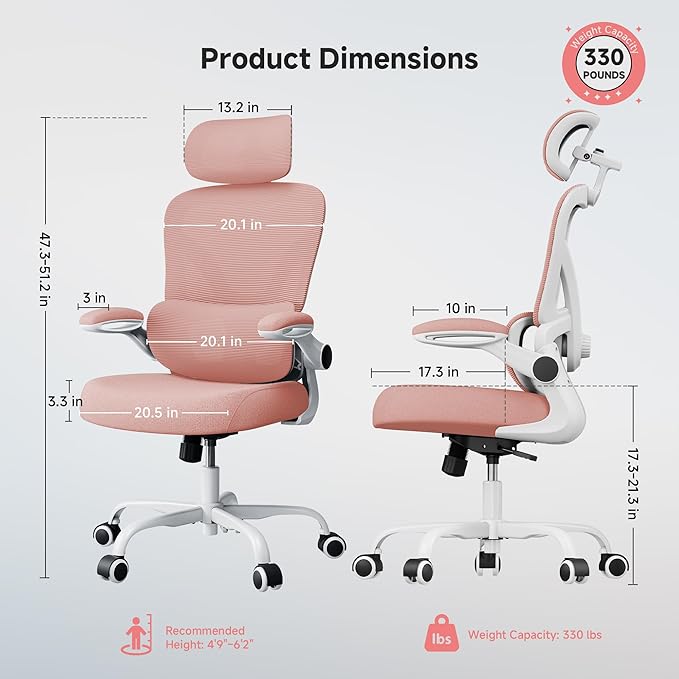 Ergonomic Office Chair, 330LBS Desk Chair with 3-Level Lumbar Support & Headrest, Breathable Mesh Backrest, Flip-Up Armrests for Home Office and Gaming, Pink