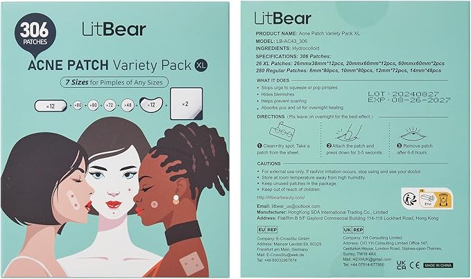 LitBear Large Pimple Patches (7 Sizes 306 Patches), Big Acne Patches, XL Hydrocolloid Bandages for Full Face, Forehead, Chin, Nose, Body, Back, Neck & Chest, Oval, Moon, Square hydrocolloid Patch