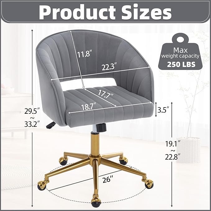 ABET Desk Chair with Wheels, Velvet Home Office Chair, Swivel Armchair Gold Base, Upholstered Modern Accent Chairs, Back Incline Adjustable for Living Room Bedroom Vanity, Grey