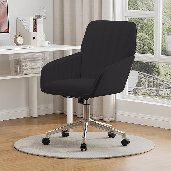 YISHENG Velvet Office Desk Chair with Silver Base, with Wheels,Modern Height Adjustable 360 Degree Swivel Upholstered Vanity Chairs with Arms for Living Room Bedroom,Black
