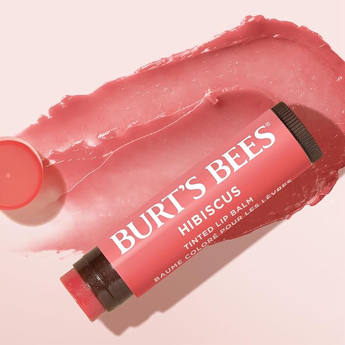 Burt's Bees Lip Tint Balm Valentines Day Gifts with Long Lasting 2 in 1 Duo Tinted Balm Formula, Color Infused with Deeply Hydrating Shea Butter for a Natural Looking Buildable Finish, Soft Hibiscus (2-Pack)