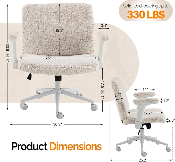 VINGLI Criss Cross Chair with Adjustable Flip-Up Arms,Cross Legged Chair with Wheels,Extra Wide Office Chair,Desk Chair for Home Office,Vanity,Bedroom, Apartment,Starry Chenille,White