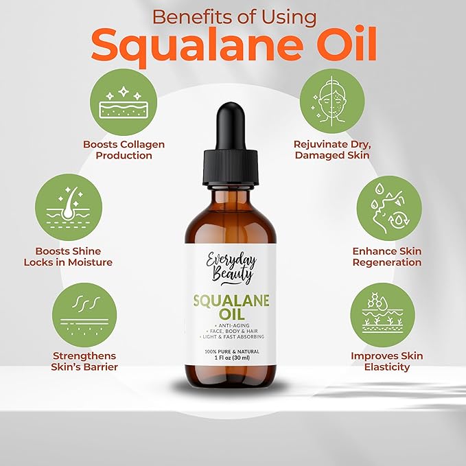 Squalane Oil - 100% Pure & Natural Plant Derived Facial Oil 1 Fl Oz Glass Bottle & Dropper - Cold Pressed and Unrefined Premium Grade Multipurpose Moisturizing Oil For Skin and Hair