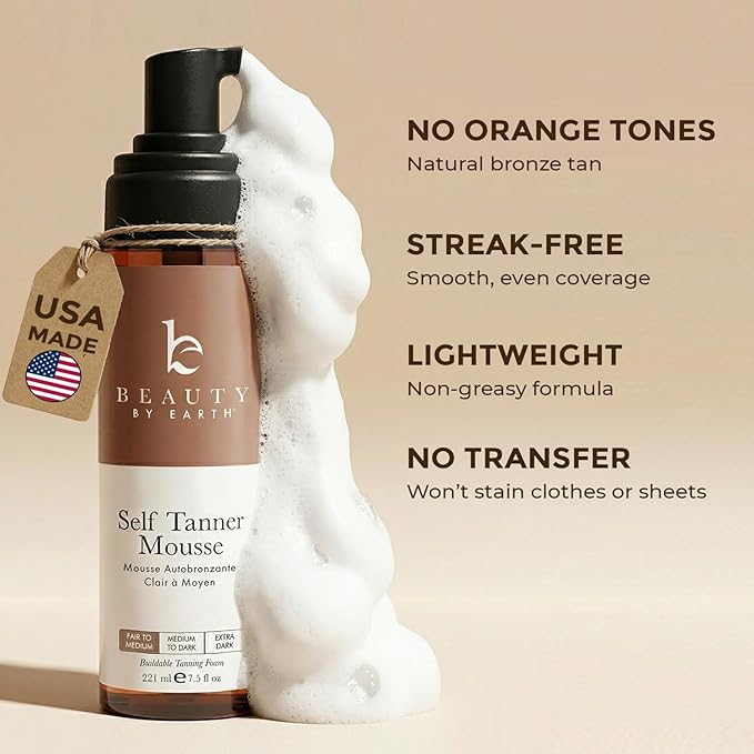 Self Tanner Mousse - USA Made with Natural & Organic Ingredients, Self Tanning Mousse for Fake Tan, Sunless Tanner for Pale Skin, Clear & Non Toxic Tanning Foam for Streak Free Finish, No Orange Color