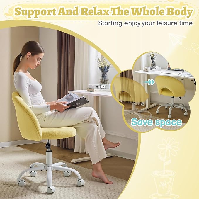 VINGLI Small Vanity Chair with Faux Fur Wheels for Girls,Cute Adjustable Height Armless Office Desk Chair,360°Swivel Comfy Rolling for Study,Make up Room,Small Space,Yellow