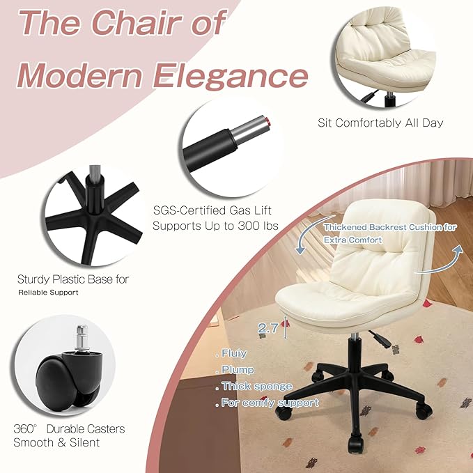 Office Chair, Ergonomic Desk Chair with Padded Cushion & Backrest, Adjustable Height & 360° Swivel, Armless Task Chair for Home Office, Computer Desk & Vanity Beige